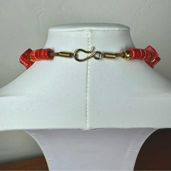 Bold Red Wood & Gold Statement Necklace – Chunky Beads, Boho Vintage Style - Picture 3 of 5